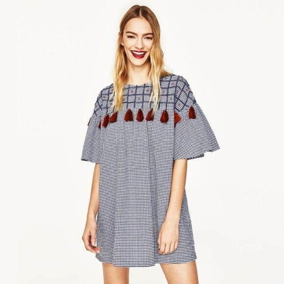 Zara Blue/White Gingham Checkered Embroidered Fringe Mini Shift Dress XS‎ - Picture 1 of 9